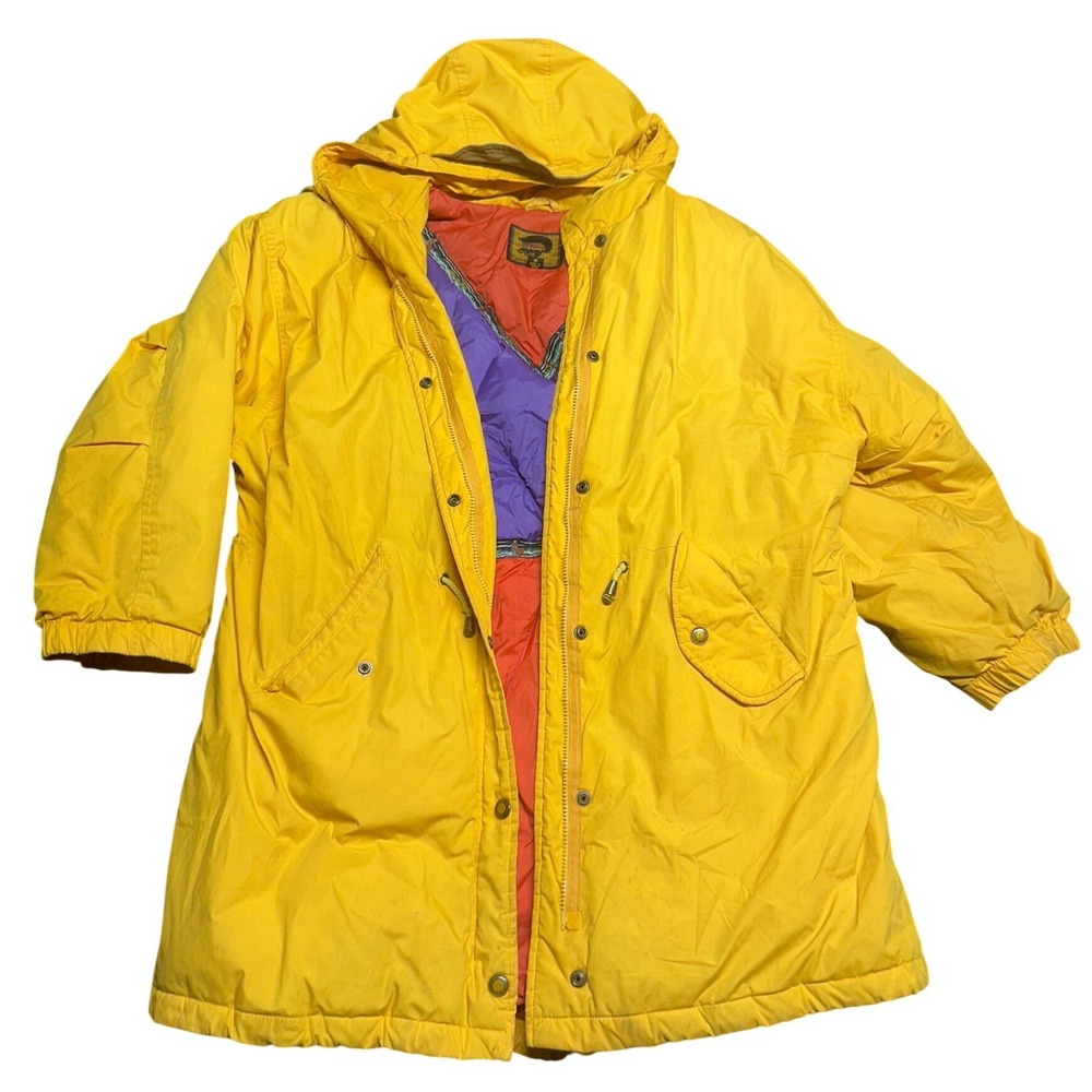 Vintage Fox Run Coat Down 80s Utility Hood Hiking Yellow Outdoors Gorpcore Retro